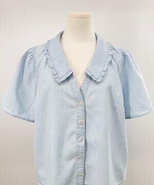 Madewell Chambray Blue Denim Top Ruffle Collar Blouse Short Sleeve 12